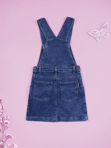 Image of KiddoPanti Girls Solid A-Line Fit Pinafore 5 Pocket Denim Dungaree Skirt