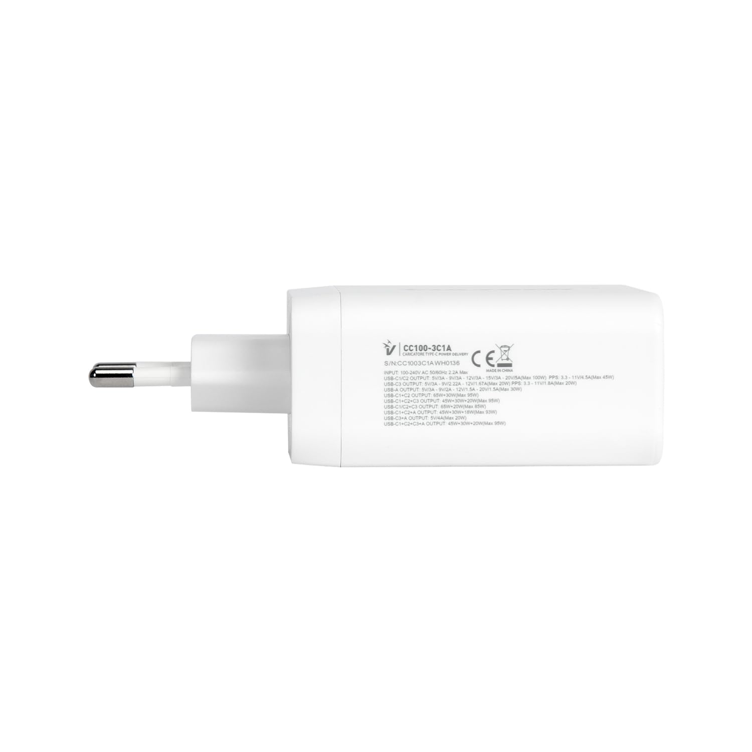 VulTech CC100-3C1A Uniwersalna ładowarka do notebooków 100 W GaN USB + 3 x Type-C/USB-C PD3.0 QC3.0 PPS biały - kompaktowy rozmiar