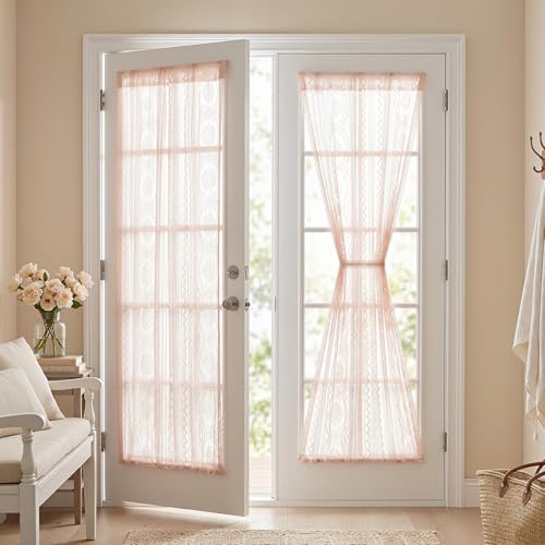 Image of MYSKY HOME Pink Lace French Door Curtains 72 inch Long 2 Panels Boho Sheer Floral Curtains for Door Window Scalloped Doorway Sidelight Curtains Come with 2 Matching Tie-Backs, 26 inch Wide Each Panel