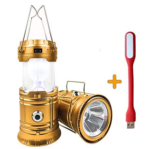 ZLXING Camping Lantern, Portable and Collapsible Outdoor Rechargeable Solar Lanterns Lamp with Handle, Led Flashlights for Camping ，Hiking, Emergency (Gold)
