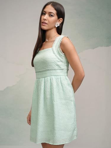 Image of Tokyo Talkies Women's Sleeveless Square Neck Self Design Dresses | Stylish Dresses | Casual Dresses