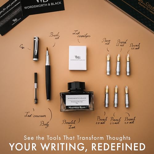 Image of Wordsworth & Black Luxury Calligraphy Pen Set for Writing, 6 Nibs, Black | Fountain Ink Bottle, Cartridges & Refill Converter, Refillable, Black, High End Gift for Men & Women, Journaling & Lettering