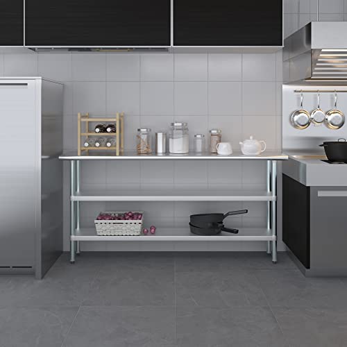 Image of AmGood Stainless Steel Work Table with 2 Shelves | NSF | Metal Utility Table (72 inch Long x 14 inch Deep)