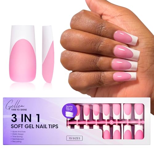 Gellen French Soft Gel Nail Tips - 150 pcs 15 Sizes French Tip Press on Nails Pink Long Square Fake Nails, 3 in 1 Pre-french Gel Nail Tips No Need to File