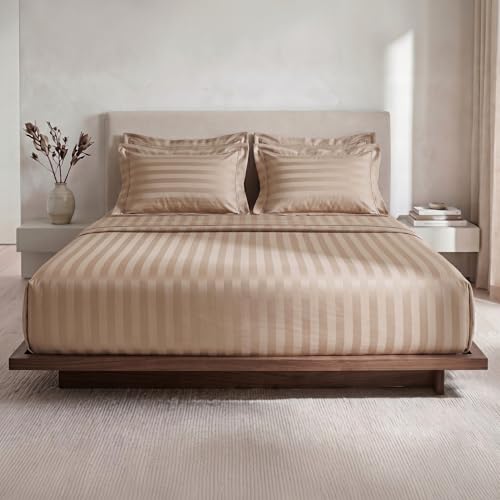 Image of LANE LINEN 100% Cotton Double Bedsheet with 2 Pillow Cases | Damask Stripe 3pc Bedding Set- 2.29M x 2.54M | Breathable & Comfortable Fabric | Oeko-TEX Certified - Taupe
