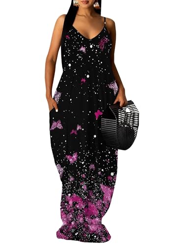 Image of Women's Summer Maxi Dress Spaghetti Strap Floral Boho Beach Long Sundress with Pockets