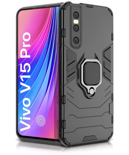 Image of WOW IMAGINE Shock Proof Back Case Mobile Cover for Vivo V15 Pro | Back Cover Case (Tough Armor | Hybrid PC + TPU | Ring Holder & in-Built Kickstand | Black)