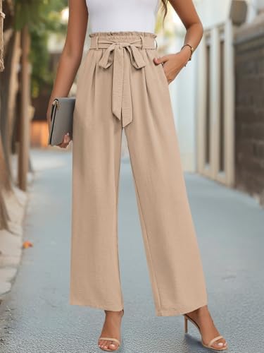 Women's Wide Leg Casual Pants with Pockets High Waisted Adjustable Tie Knot Loosel Trousers Business Work Pants