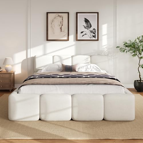 Image of Harper & Bright Designs Queen Size Boucle Platform Bed with Headboard and Footboard, Wood Floor Bed Frame with Sturdy Slats Support for Kids Tenns Adults, Space Saving, White