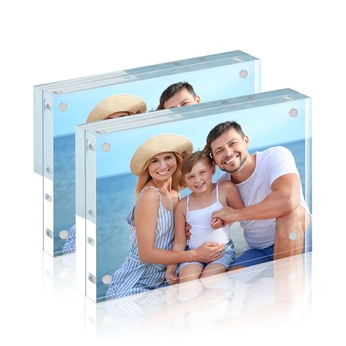 Image of HOUSE DAY Acrylic Picture Frames 4x6, 2 Pack Magnetic 4 x 6 Picture Frame, Double Sided Clear 4x6 Photo Frame with Microfiber Cloth, Frameless FreeStanding 4x6 Frame Gift for Desktop Display