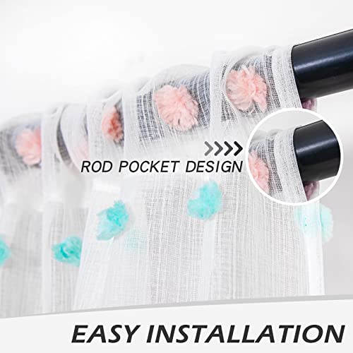 Image of MYSKY HOME Rainbow Pom Pom White Curtains for Living Room 120 Inch 2 Pieces | for Sliding Door & Kids Bderoom, Light Filtering, Extra Long White Semi Sheer, Rod Pocket, Backdrop Window Drapes, 50 inch x 120 inch