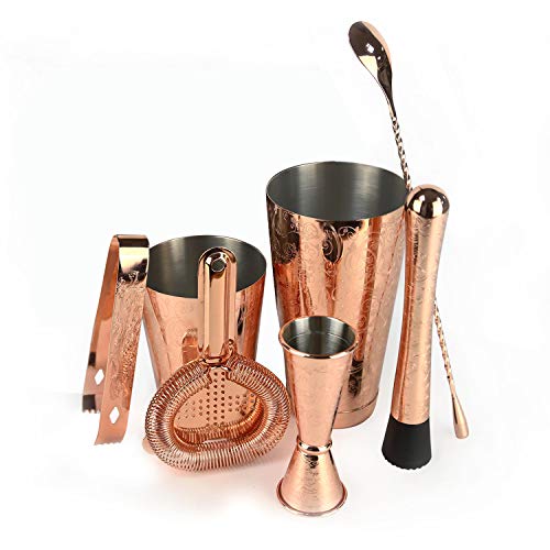 SKY FISH Bartender Kit Cocktail Shaker Set-6 Pieces Stainless Steel Copper Plated Etching Bar Tools with Boston Shaker Tins,Mixing Spoon,Mojito Muddler,Jigger,Hawthorne Strainer,Ice Tongs - Thumbnail 2