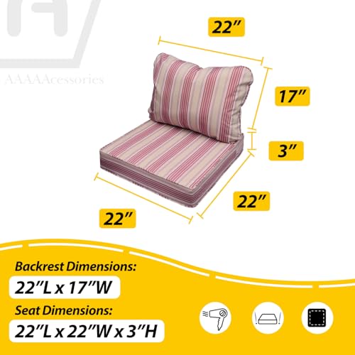 Image of AAAAAcessories Outdoor Seat Cushions for Chairs, Fade-Resistant, Waterproof Patio Furniture Replacement Cushions, 22 inch x 22 inch x 3 inch + 22 inch x 17 inch, Dusty Rose Garden Stripe