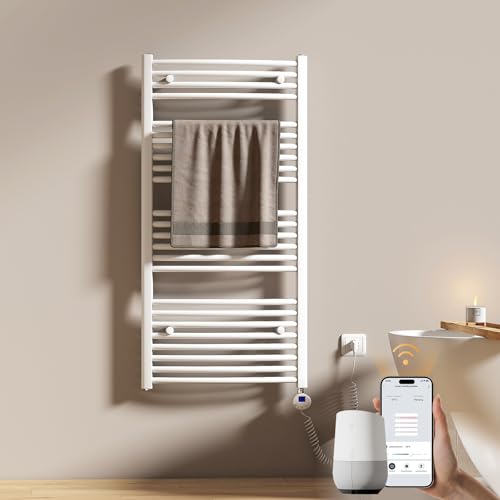 EMKE WiFi Badheizkörper Elektrisch 1200x600 mm - Gebogen Handtuchheizkörper Elektrisch, Elektrischer Handtuchwärmer Handtuchtrockner Handtuch Heizkörper Bad mit Thermostat und Heizstab - 600W, Weiß