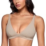 INGIA Womens Deep V-Neck Sports Bra Padded Low Impact Fitness Yoga Bra U Back Wireless Workout Bra Contour Crop Top Sand X-Small