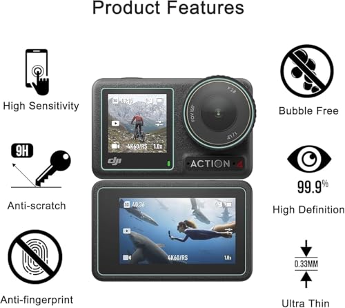 Image of DJI Action 4 Tempered Glass Lens & Screen Protector with Lens Cap Compatible with DJI Osmo Action 4 | 9H Hardness Ultra HD Scratch Resistant | Waterproof, Anti-Fingerprint (Pack of 1) ((Action 4) Pack of 1)
