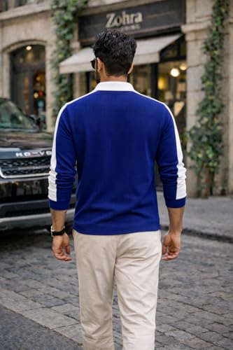 Image of Dagcros Mens Polo T-Shirt with White Contrast Collar | Short Sleeve Zipper Neck Casual Top | Smart Casual T-Shirt for Man