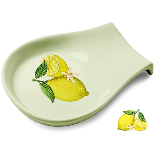 Lemon Ceramic Spoon Rest, Light Green Spoon Rest for Stove Top, Spoon Holder for Kitchen Counter, Lemon Decor, 4.5 inch