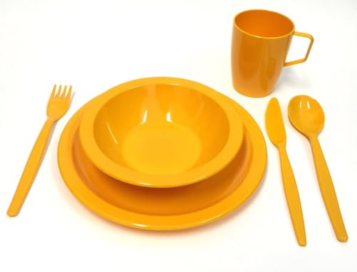 Harfield Juego de vajilla de policarbonato para camping, plato, cuenco, vaso y cubiertos, color amarillo