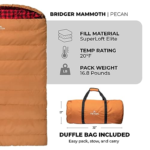 Teton Sports Bridger Canvas Mammoth 20˚F Degree Double Sleeping Bag - Queen-Sized Cold-Weather With Full-Length Zippers - Double-Layer 2-Person Camping Accessory For Car & Tent Campers, Pecan #TOP2