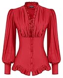 SCARLET DARKNESS Gothic Bluse Damen Laternenhülse V-Ausschnitt mit Rüschen Tunika Mittelalter Bluse Rot XL
