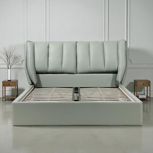Image of The Attic Rivera Modern Queen Size Hydraulic Storage Bed with Soft Cushion Headboard Sage Green