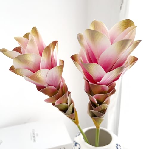 2Pcs 24' Artificial Ginger Lily Flowers Stem Realistic Silk Pink Fake Bromeliad Flowers Faux Ginger Lotus Fake Tropical Flower for Vase Bouquet Home Office Wedding Decor