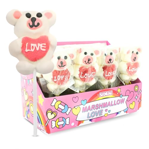 SIDRAL - 16 Piruletas de Ositos Marshmallow Sabor Fresa (28 g) – Piruletas, Chuches San Valentín, Kit de Chuches Sin Gluten, Regalos Parejas - Celebraciones (Ositos)