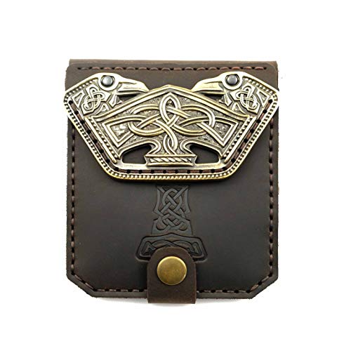 Scandinavian Old Norse leather wallet Mjolnir, Norse mythology Viking leather wallet with brass buckle Thor Hammer