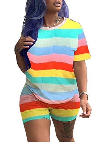 Cute Summer Outfits 2 Piece Outfits for Women Short Sleeve Crop Top Rainbow Stripe Tshirt Biker Shorts Sets Plus Size Sportwear Romper Yellow