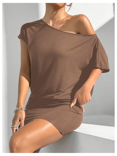 Image of SOLY HUX Women's Off The Shoulder Mini Dress Going Out Asymmetrical Neck Short Sleeve Casual Bodycon T Shirt Dresses
