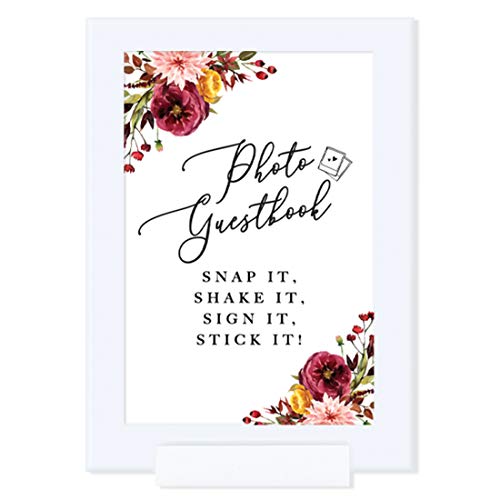 Andaz Press Framed Fall Burgundy Marsala Party Sign Wedding Collection, 4 x 6- inch, Photo Guestbook, Marsala Floral Graphic Design, 1- Pack, Reusable Photo Frame