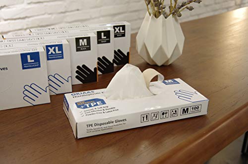 OKIAAS Black Disposable Gloves M|TPE Hybrid Plastic, Loose-Fitting, Latex Free|For Food Handling, Household Cleaning, Hair Dying and More|Medium, 100 Counts/Box