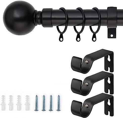 AMEHA Curtain Poles Plain Metal Ball Extendable Curtain Pole for Windows Includes Adjustable Curtain Rod, 60 mm Finials, Rings, Brackets and Fitting Set (160-300cm, 63 Inch-118 Inch, Black Nickel)