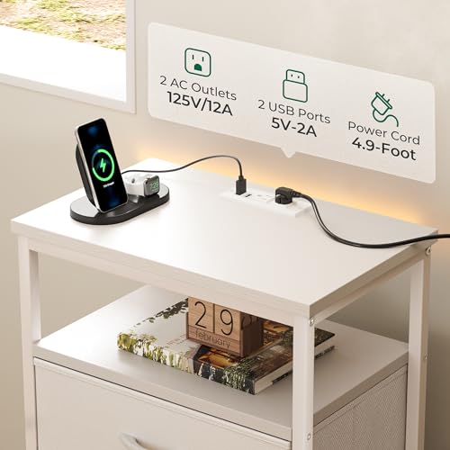 image for Huuger Nightstand with Charging Station, Side Table with Fabric Drawer
