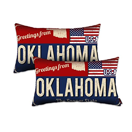 Oklahoma Throw Pillow Cover 12x20 Set of 2, Oklahoma Decor Gift Souvenir, American Flag License Plate Lumbar Pillowcase, Greetings from The Sooner State(OK, USA) - Cushion Case Sham, No Inserts