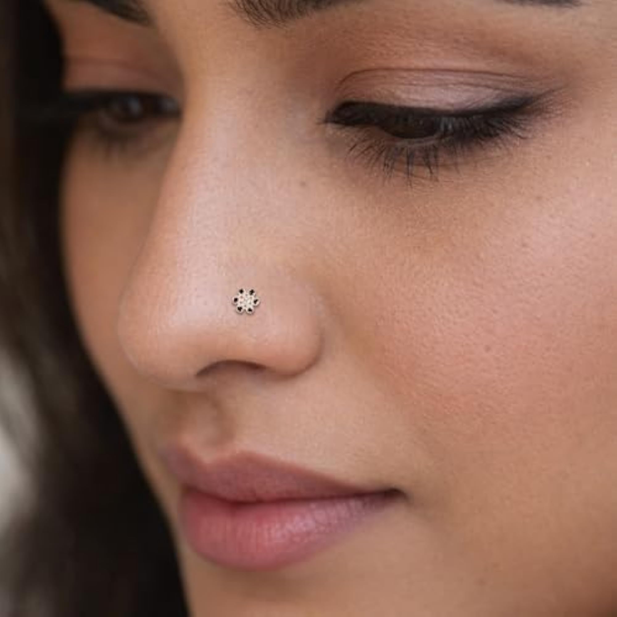 Women's Sterling Silver Flower Nose Stud with Black Stones