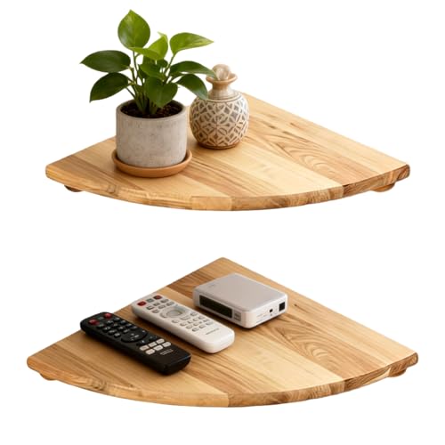 PORFOYO Étagère d’Angle Murale, Lot de 2 Étagères Murales Bois 18cm, Étagère Murale Angle Flottante Vintage en Chêne Massif pour Salon, Chambre, Cuisine
