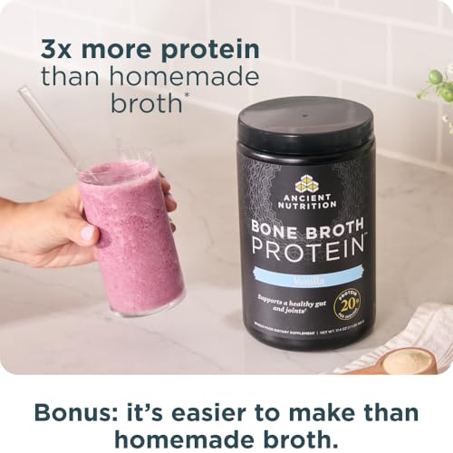 ancient nutrition grass fed cage free bone broth protein powder 20g protein hydrolyzed collagen peptides keto amp paleo friendly supports joint gut health vanilla 20 servings