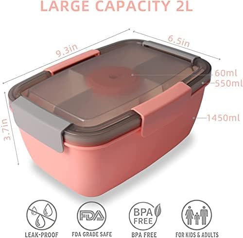 MUJUZE Salad Lunch Box Adults Large, 2-Tier Lunch Box with Dividers, 2000ML Salad Box to Go, Sustainable, Leak-Proof, BPA-Free Lunch Box with Cutlery, Lunch Box for Work/Picnic(Pink)