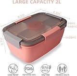 MUJUZE Bento Box duże pudełko na lunch dla dorosłych, 2000 ml, z przegródkami, 2-poziomowe pudełko na sałatkę na wynos,bez BPA, ze sztućcami, pudełko na lunch do pracy/pikniku (Pink)