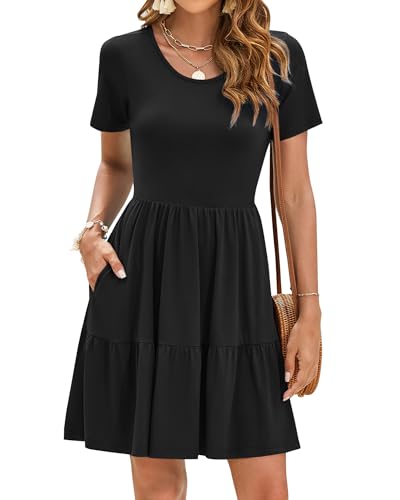 AUSELILY Sommerkleid Damen Elegant Rüschensaum Strandkleider Kurze Ärmel Freizeitkleid mit Taschen Schwarz S