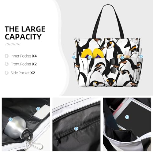 (Cute Baby Penguins Sketch) Large Beach Tote Bag for Women Waterproof Sandproof Travel Shoulder Bag with Pocket for Pool Vacation Weekend Gym3