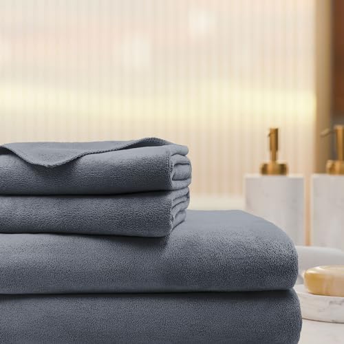 Image of Sassoon Venir Microfiber 4 Piece Towel Set 450 GSM (Stormdust Color) Ultra Soft Material, Towel for Daily use