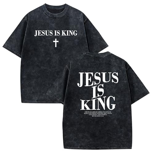 SWTJIC Jesus is King Shirt for Men Christian Religious Vintage Acid Washed Tshirt Bible Verse Acid was Shirts Black L