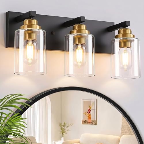 Image of Black and Gold Bathroom Light Fixture, 3 Light Brushed Gold Vanity Light, 18.8 inch Modern Farmhouse Bathroom Lighting Fixtures Over Mirror, with Clear Glass Shade, Vanity Lights for Bedroom Hallway