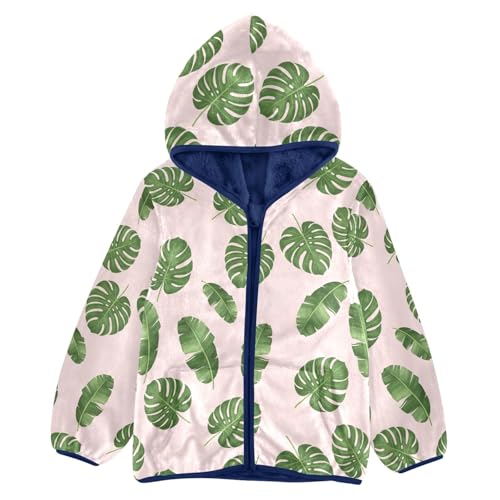 CHIFIGNO Tropical Green Leaves Pink Boy Hooded Jacket, Thick Lightweight Sweatshirt Jacket 3T