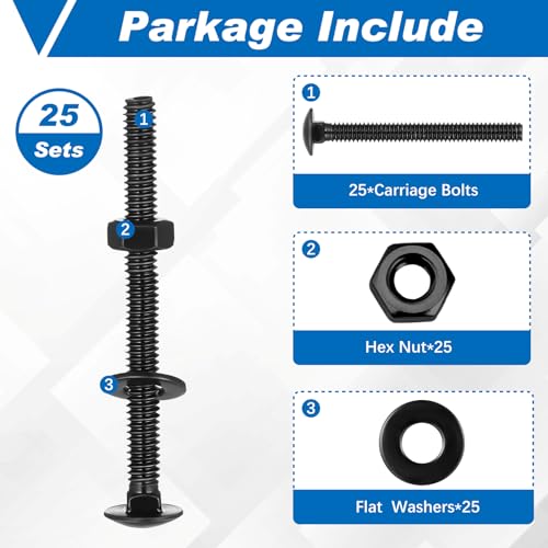 Image of Zonon 25 Sets 1 /4-20 x 3 Stainless Steel Carriage Bolts and Nuts Kit Round Head Square Neck Carriage Bolts Screws and Hex Nuts and Flat Washers, Stainless 18-8 Full Thread Coverage (Black