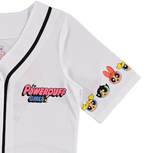 Powerpuff Girls Ladies Baseball Jersey - Powerpuff Mesh Button Down Baseball Jersey - Blossom Bubble And Buttercup Shirt (White Black, Large) #TOP3