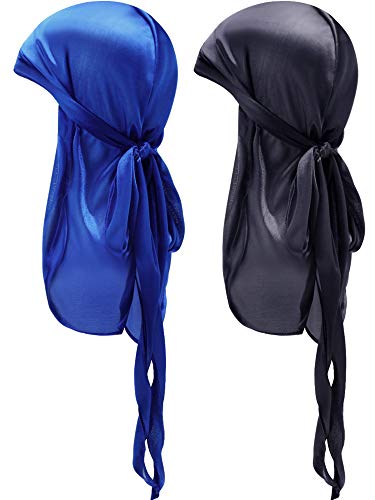 2 Pieces Silky Satin Baby Durags Kids Satin Durag Caps Headwraps with Long Tail and Wide Straps for 360 Waves (Black, Royal Blue)